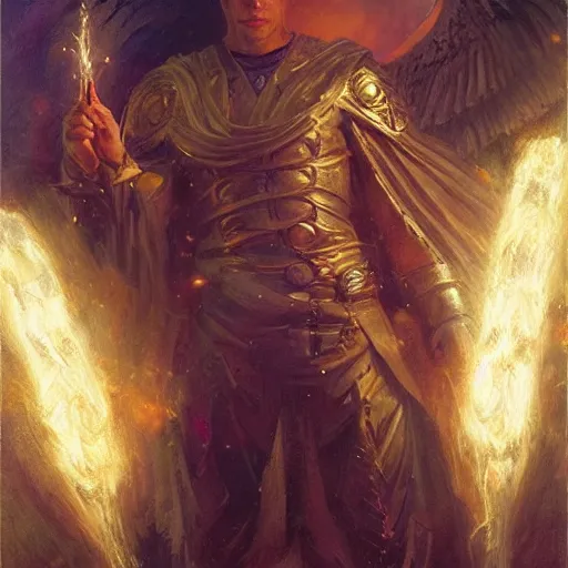 Image similar to attractive male deity casts light spell, summons attractive male lucifer morningstar. highly detailed painting by gaston bussiere, craig mullins, j. c. leyendecker 8 k