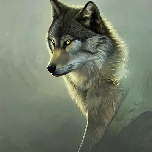 Prompt: Wolf, moon in the background, intricate, elegant, highly detailed, digital painting, artstation, concept art, smooth, sharp focus, illustration, art by artgerm and greg rutkowski and alphonse mucha