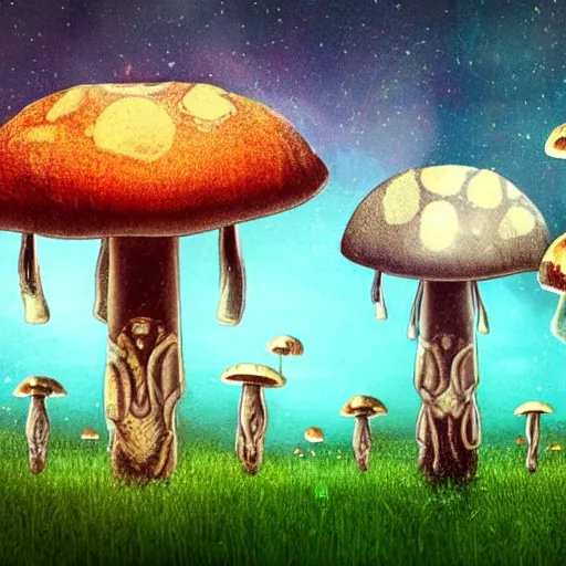 Image similar to Aliens in the shape of mushrooms being harvested by hippies in the woods, with UFO flying around, realistic