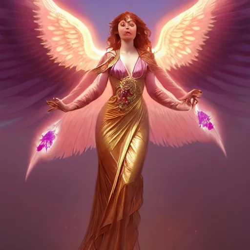 Image similar to a beautiful orchid phoenix angel woman, in an ornamented dress with large wings, volumetric light, god rays, 8 k high resolution, rubies, by greg rutkowski, artgerm, alphonse mucha