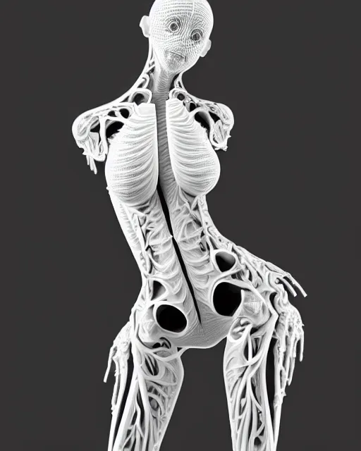 Image similar to a black and white 3D render of an elegant full figure young female angelic-dragon-cyborg with a very long neck, Mandelbrot fractal, anatomical, flesh, facial muscles, veins, arteries, full frame, microscopic, highly detailed, flesh ornate, elegant, high fashion, rim light, 150 mm lens, octane render in the style of H.R. Giger and Man Ray, Realistic, Refined, Digital Art, Highly Detailed, Cinematic Lighting, rim light, photo-realistic Unreal Engine, 8K