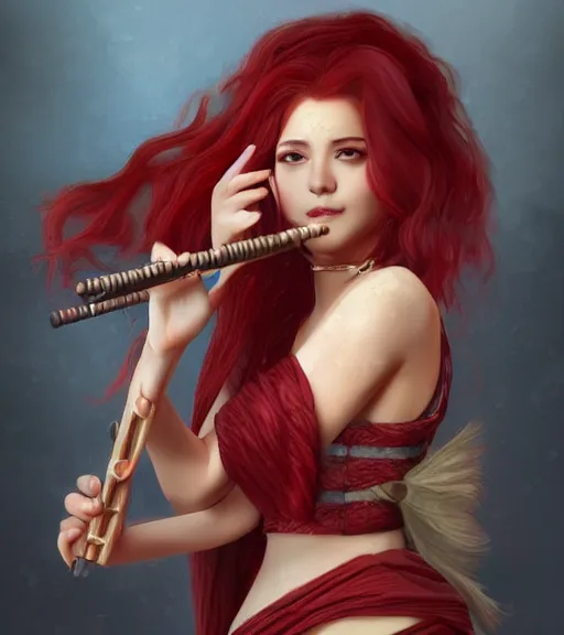 Image similar to a woman playing flute, full body shot, red hair, highly detailed, digital painting, artstation, concept art, smooth, sharp focus, illustration