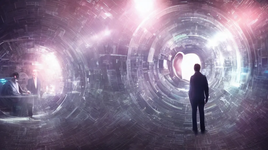 Prompt: movie scene of a man standing in front of a multiverse machine, movie still, cinematic composition, cinematic light, pastel color scheme, by andrzej zuławski