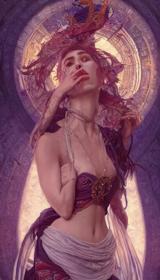 Prompt: fortune teller, passionate , seductive, sweaty, intricate fashion clothing, insane, intricate, highly detailed, digital painting, artstation, concept art, smooth, sharp focus, illustration, Unreal Engine 5, 8K, art by artgerm and greg rutkowski and alphonse mucha