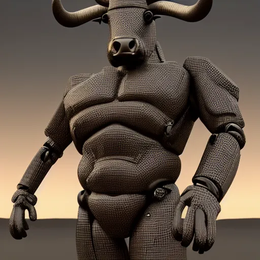 Image similar to a standing anthro bull android modeled after a bull made of hard rubber looking into the camera, android, cyborg, half body, intricate, 3 d, hyper realism, fantasy, depth of field, octane render, symmetrical, highly detailed, digital art, artstation, concept art, cinematic lighting, trending