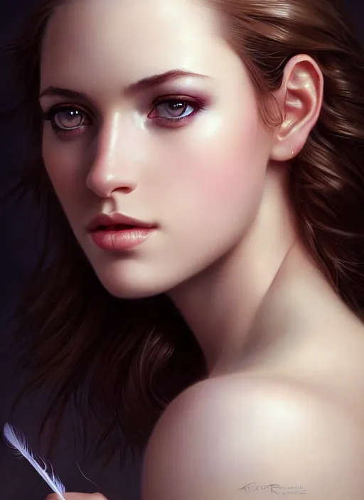 Image similar to a gorgeous female photo, professionally retouched, soft lighting, wearing a feather dress, realistic, smooth face, perfect eyes, wide angle, sharp focus on eyes, 8 k high definition, insanely detailed, intricate, elegant, art by artgerm and greg rutkowski