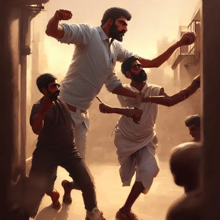 Image similar to portrait of tall indian man punching a short white man outside a bar, elegant, real life skin, intricate artwork, high detailed, artstation, concept art, smooth, sharpz focus, art by artgerm and greg rutkowski