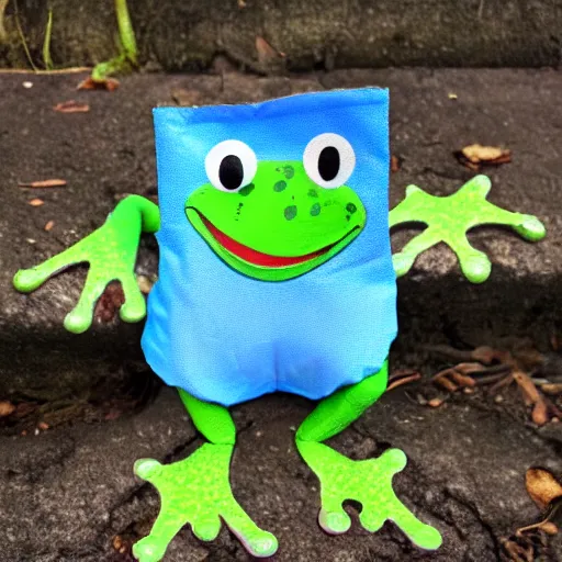 Prompt: cartoon, happy frog wearing a blue ikea bag as pants