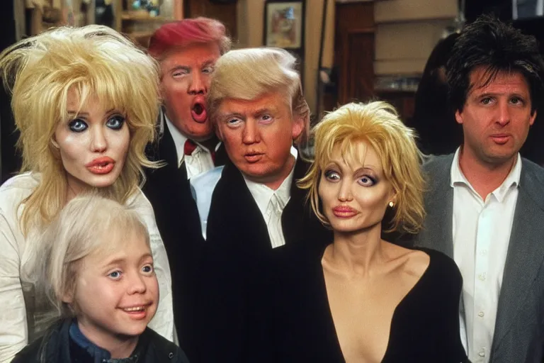 Prompt: Angelina Jolie, boris johnson, The Alien from the movie 'Alien', dolly parton, donald trump are best friends, on set of Friends TV show, still photo, hyperrealistic, 35mm, 8k, by weta digital