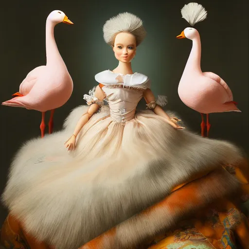 Prompt: a super majestic, beautiful strange true to life hyperrealistic oil painting depicting a plainly dressed dollfie dream doll standing at your bed looking mean. 1 6 k resolution, vivid light and colors. fantasticallyl beautifully elegant day of melancholic knowledge of your decline. highly detailed image shown a variety of different styles of kawaii geese.