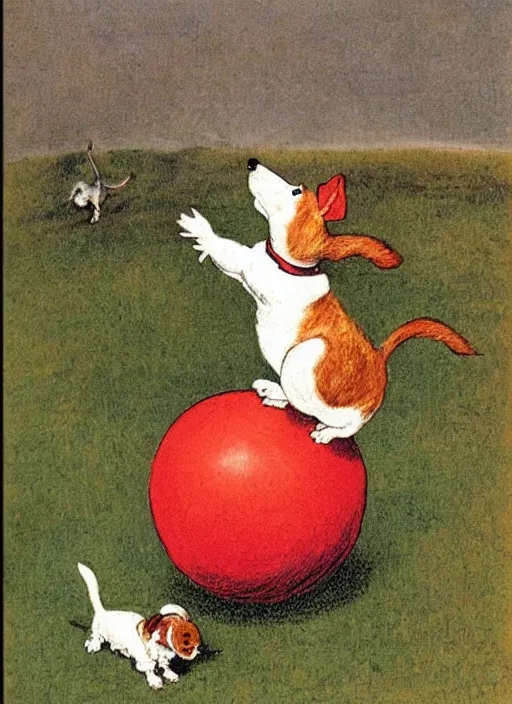 Image similar to jack russel terrier jumping on red ball, illustrated by peggy fortnum and beatrix potter and sir john tenniel