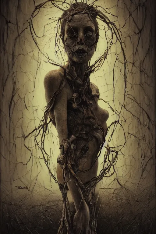 Image similar to low angle surrealism crayon cartoon grunge of a creepy horror nurse girl . intricate artwork. nightmare fuel. terrifying. by zdzisław Beksiński, wlop, dan mumford , trending on artstation, greg rutkowski very coherent symmetrical artwork. cinematic, hyper realism, high detail, octane render, 8k