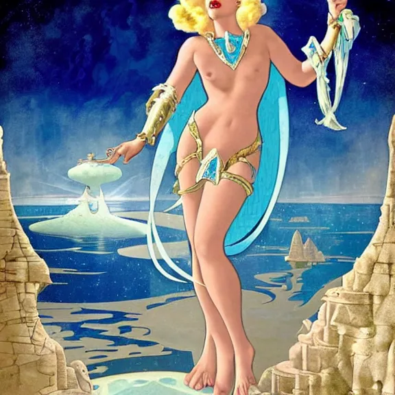 Image similar to lady gaga as princess kida the high queen of ancient atlantis, a beautiful art nouveau portrait by gil elvgren, beautiful underwater city environment, centered composition, defined features, golden ratio, silver jewelry, stars in her gazing eyes