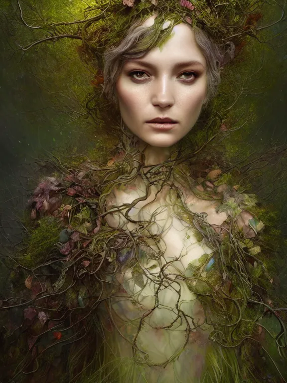 Image similar to Full View Portrait Mystical ethereal woodland deity wearing beautiful dress, Oak Dryad made of vines tree bark moss beautiful dress, 4k digital masterpiece by Greg Rutkowski and Ruan Jia and Tom bagshaw, Alberto Seveso, fantasycore, Hyperdetailed, realistic oil on linen, soft lighting, kush background, featured on Artstation, textured, stylized, intricate details