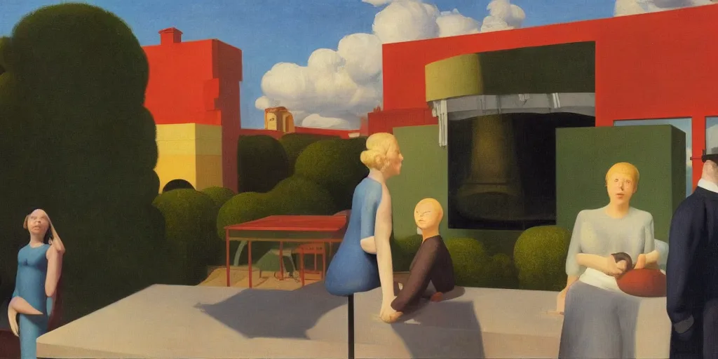 Image similar to three peculiar people pictured in afternoon light, clouds, bird, open ceiling, strange foreign objects, surrealist oil painting by edward hopper, chirico and rene magritte