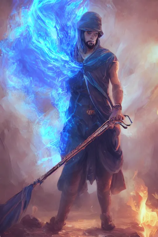 Image similar to a mysterious man holding a fire scythe in blue flames, WLOP, Ross Draws, mixed media, digital art, trending on artstation, 8k, epic composition, highly detailed, AAA graphics