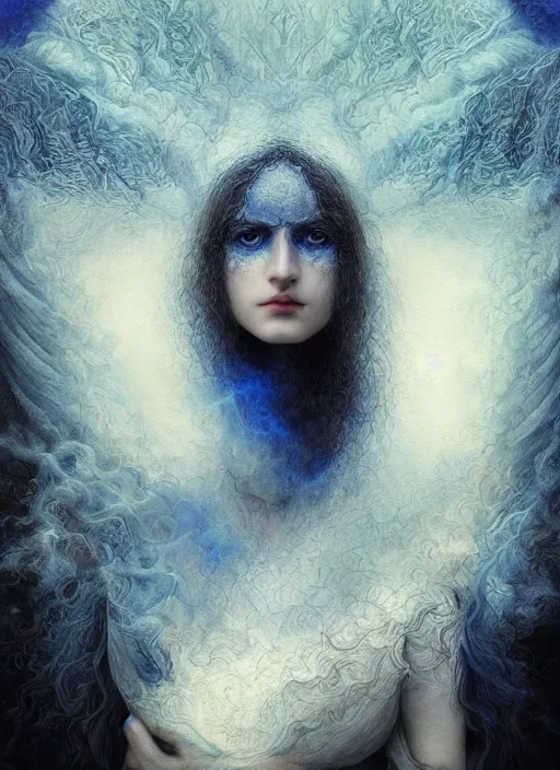 Image similar to Her huge ominous glowing blue eyes staring into my soul , perfect eyes, soft pale white skin, intricate stunning highly detailed, agostino arrivabene, WLOP, twisted dark lucid dream, 8k portrait render, raven wings, swirling thick smoke , beautiful lighting, dark fantasy art, cgsociety