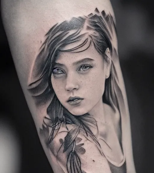 Prompt: a beautiful girl portrait faded in a beautiful mountain background, realism tattoo, in the style of den yakovlev, black and white, hyper realistic, highly detailed