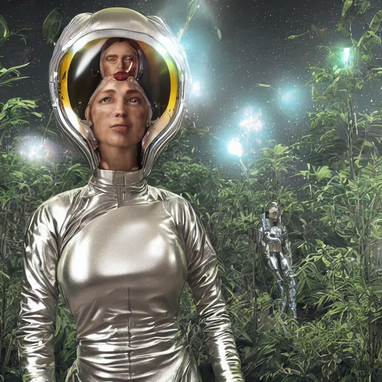 Image similar to octane render portrait by wayne barlow and carlo crivelli and glenn fabry, subject a cyborg woman covered in tie - dye skintight aluminum foil space suit with a iridescent metallic space helmet, surrounded by alien plants, cinema 4 d, ray traced lighting, very short depth of field, bokeh