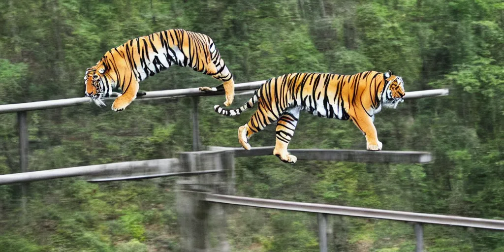 Image similar to a tiger running on a suspended bridge