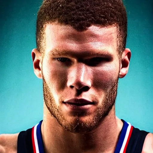 Image similar to “a realistic detailed photo of a guy who is an attractive humanoid who is half robot and half humanoid, who is a male android, basketball player Blake Griffin, shiny skin, posing like a statue, blank stare”