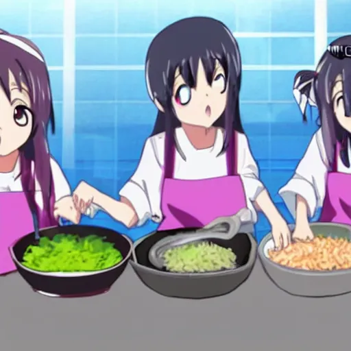 Prompt: 5 anime sisters cooking rice in Daly City creating hot fog