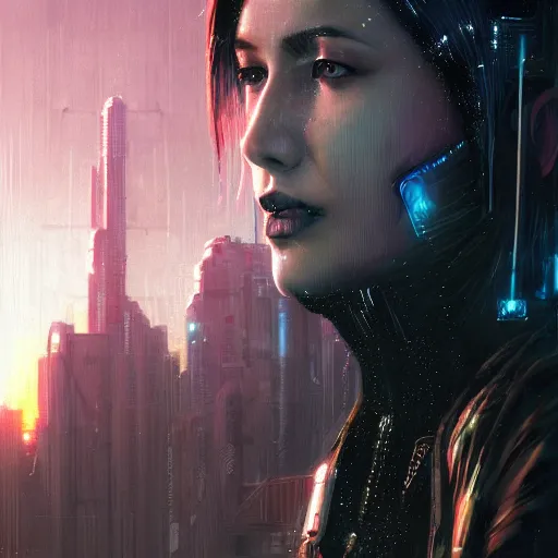 Image similar to molly millions, closeup portrait of a young beautiful cyberpunk woman, mirror eye implants, black hair in a rough shag, sunset, neuromancer, street samurai, cyberpunk city background, megacity, gorgeous view, depth, painted by seb mckinnon, high detail, digital art, painted by greg rutkowski, trending on artstation