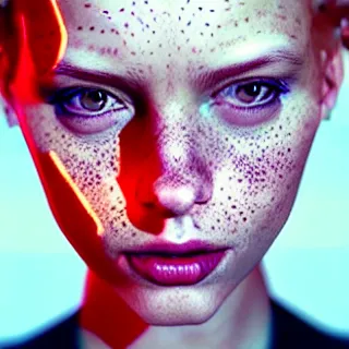 Image similar to portrait of a redheaded short hair woman with freckles. intricate abstract. intricate artwork. by Tooth Wu, wlop, beeple, dan mumford. octane render, trending on artstation, greg rutkowski very coherent symmetrical artwork. cinematic, hyper realism, high detail, octane render, 8k, chrome accents