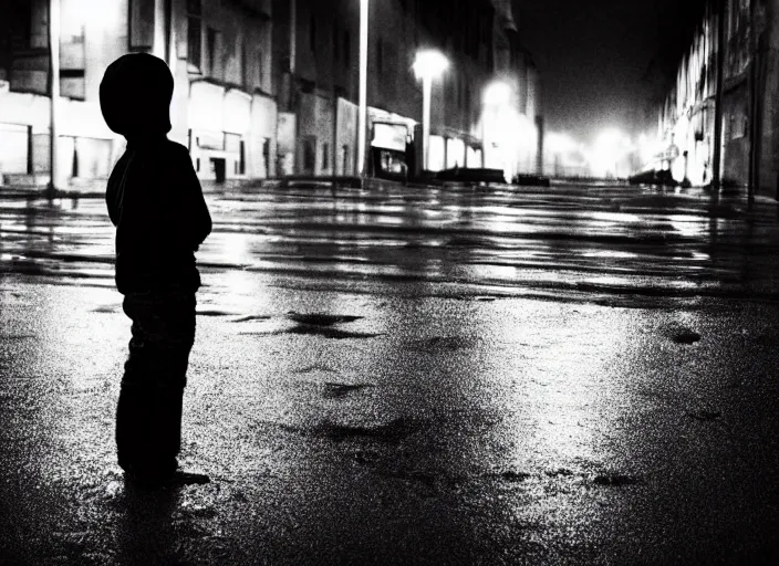 Image similar to boy from the back with a black hoodie, in the sky an illuminated angel stares at him, empty city street at night, heavy rain, cars parked, dramatic lighting, cinematic, establishing shot, extremly high detail, photorealistic, cinematic lighting, post processed