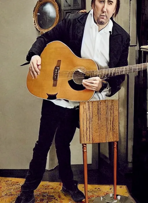 Image similar to nicolas cage, playing guitar while standing on a table