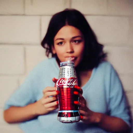 Prompt: an analog photo a 23 year old beautiful model, drinking a bottle of coca-cola, kodak portra 400