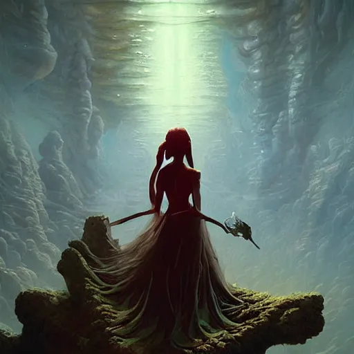 Image similar to fantasy painting with a woman in a surreal environment by Greg Rutkowski and Michael Whelan w 1024