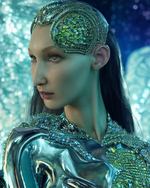 Prompt: a highly detailed metahuman 4 k close up render of an alien goddess bella hadid android in iris van herpen dress schiaparelli in diamonds crystals swarovski and jewelry iridescent in style of alphonse mucha gustav klimt trending on artstation made in unreal engine 4