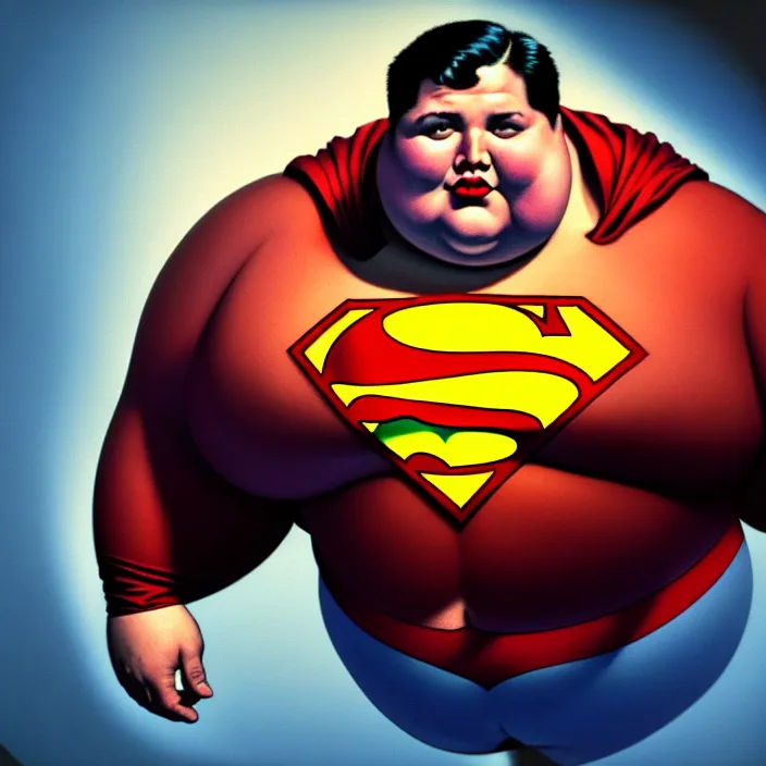 Image similar to hyperrealistic mixed media portrait of a a mordidly obese superman with his belly hanging out, stunning 3d render inspired art by P. Craig Russell and Barry Windsor-Smith + perfect facial symmetry + dim volumetric lighting, 8k octane beautifully detailed render, post-processing, extremely hyperdetailed, epic composition, grim yet sparkling atmosphere, cinematic lighting + masterpiece, trending on artstation