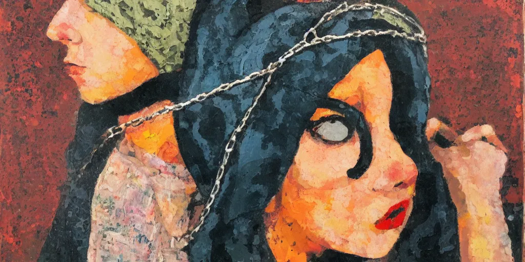 Prompt: girl in balaclava, chain around, collage, acrylic on canvas, expressionism movement, breathtaking detailed, by blake neubert