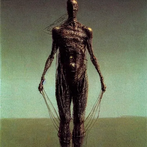 Image similar to a man made of wire, by beksinski and wayne barlowe,