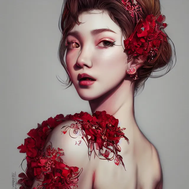 Image similar to studio portrait of an absurdly beautiful, elegant, young hypercolorful sensual gravure idol rubies and red petals, ultrafine hyperrealistic detailed face illustration by kim jung gi, irakli nadar, intricate linework, sharp focus, bright colors, matte, octopath traveler, final fantasy, unreal engine highly rendered, global illumination, radiant light, intricate environment