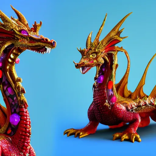 Prompt: a fabergé dragon statue, detailed with gemstones around his back, pearl wings and ruby eyes, realistic, epic, renderized with unreal engine 5