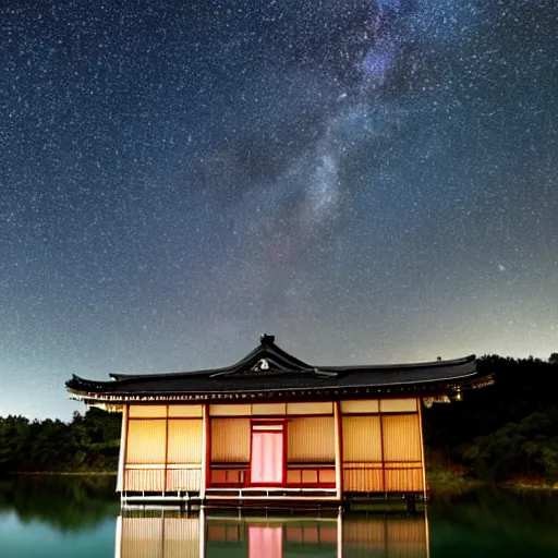 Image similar to A traditional japanese building underneath the milkyway at night both relfecting inside a lake