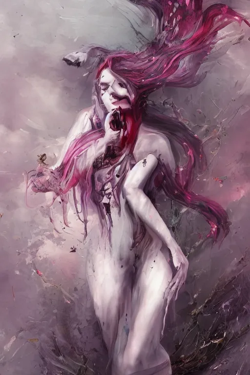 Image similar to A girl with a marble face, flowing silver-violet hair, stands with her arms spread out against the background of a blood-purple cloud in golden light, red streams flow through her body, skulls and bones of hands crawl out of the ground, dark red drops fly around, Anachronism, painting, dark fantasy, steampunk, 4k