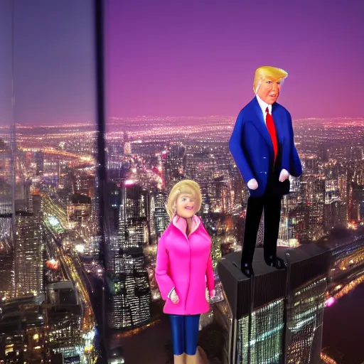 Prompt: donald trump wearing a pink puffy jacket standing on a skyscraper at night, very detailed, very intricate, dslr,