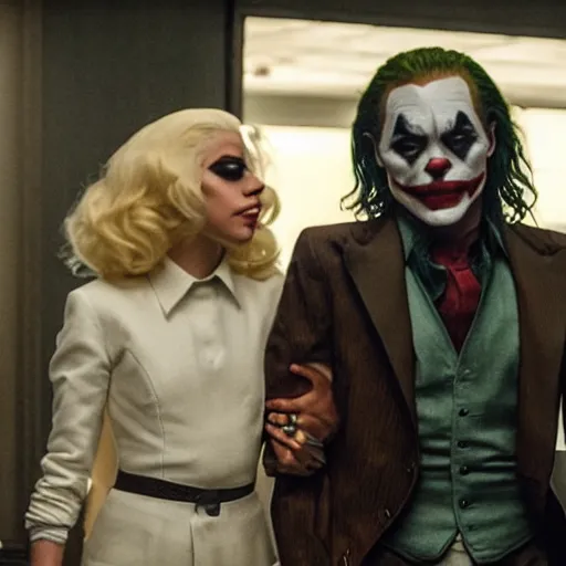 Image similar to ultra realistic stealth candid photograph from joaquin phoenix with lady gaga in new joker movie footage's, intricate details, photorealistic