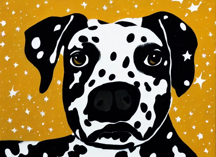 Prompt: portrait of a dalmatian piglet surrounded by stars. silkscreen painting on paper