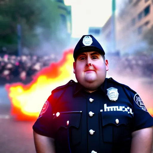 Prompt: chubby cop takes a selfie in front of a riot, highly detailed, sharp focus, dramatic lighting, 8 k