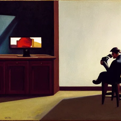 Prompt: a dark edward hopper oil painting of a man playing video games