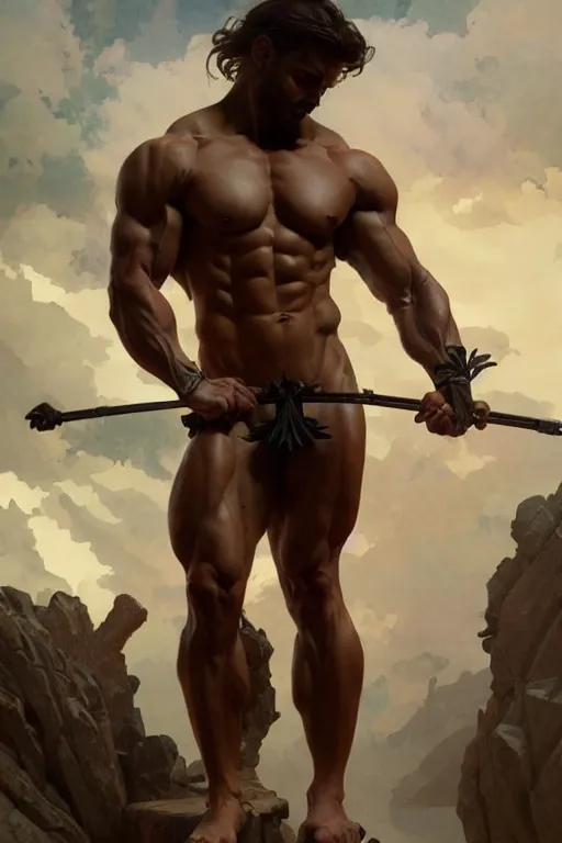 Prompt: Greek god, gorgeous, amazing, muscular, fit, very muscular male body, intricate, highly detailed, digital painting, artstation, concept art, sharp focus, illustration, art by greg rutkowski and alphonse mucha