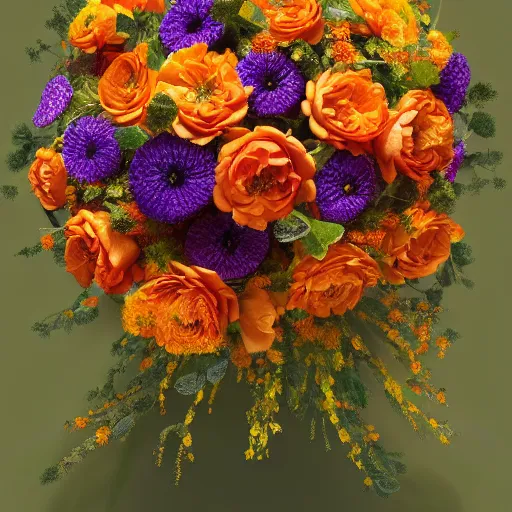 Image similar to a beautiful stunning fantasy matte digital painting of a bouquet made of orange roses and orange chrysanthemums and purple poppies and green eucalyptus and green flora, a photograph painted in the style of Bridal Magazine, professional floral arrangement, professional lighting, trending on artstation hq, contest winner