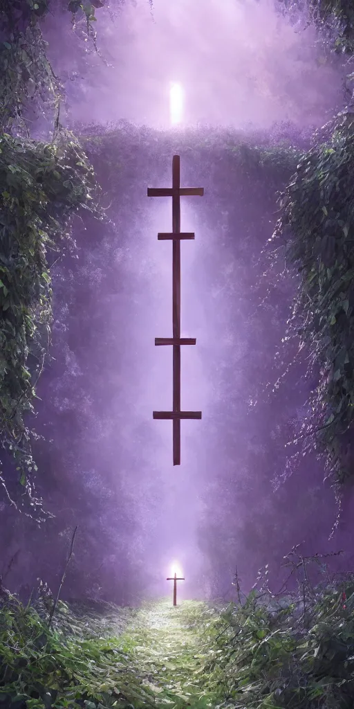 Image similar to a christian cross as the light at the end of the tunnel, with pale purple and pale pink lighting, with a few vines and overgrowth, studio ghibli, cinematic, realistic painting, high definition, digital art, symmetrical, very detailed, extremely high detail, photo realistic, concept art, unreal engine 5,