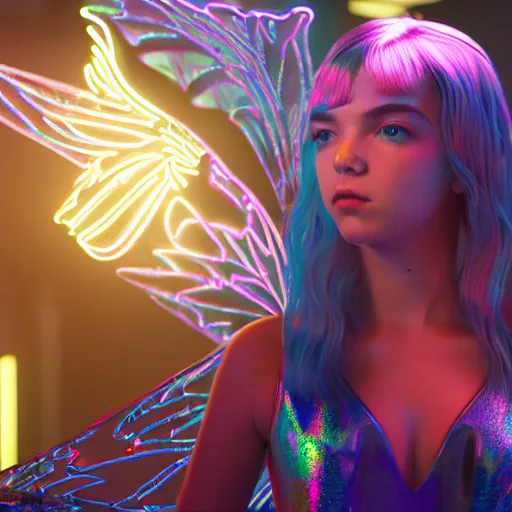 Image similar to neon fluorescent, iridescent older anya taylor - joy with fairy wings cyperpunk 2 0 7 7, unreal engine 5, 8 k ultra realistic, hyperdetailed, volumetric lighting, extremely high quality