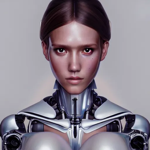 Image similar to oil paining of robotic humanoid ( white jessica alba ), intricate mechanisms, highly detailed, professional digital painting, unreal engine 5, photorealism, hd quality, 8 k resolution, cinema 4 d, 3 d, cinematic, professional photography, art by artgerm and greg rutkowski and alphonse mucha and loish and wlop